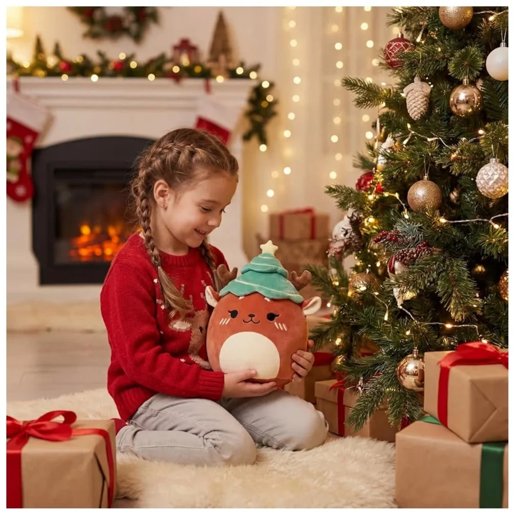Merry Christmas ‘Reindeer Plushie with Tree Hat’ Holiday Pillow